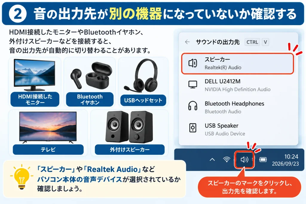 音の出力先が別の機器になっていないか確認する