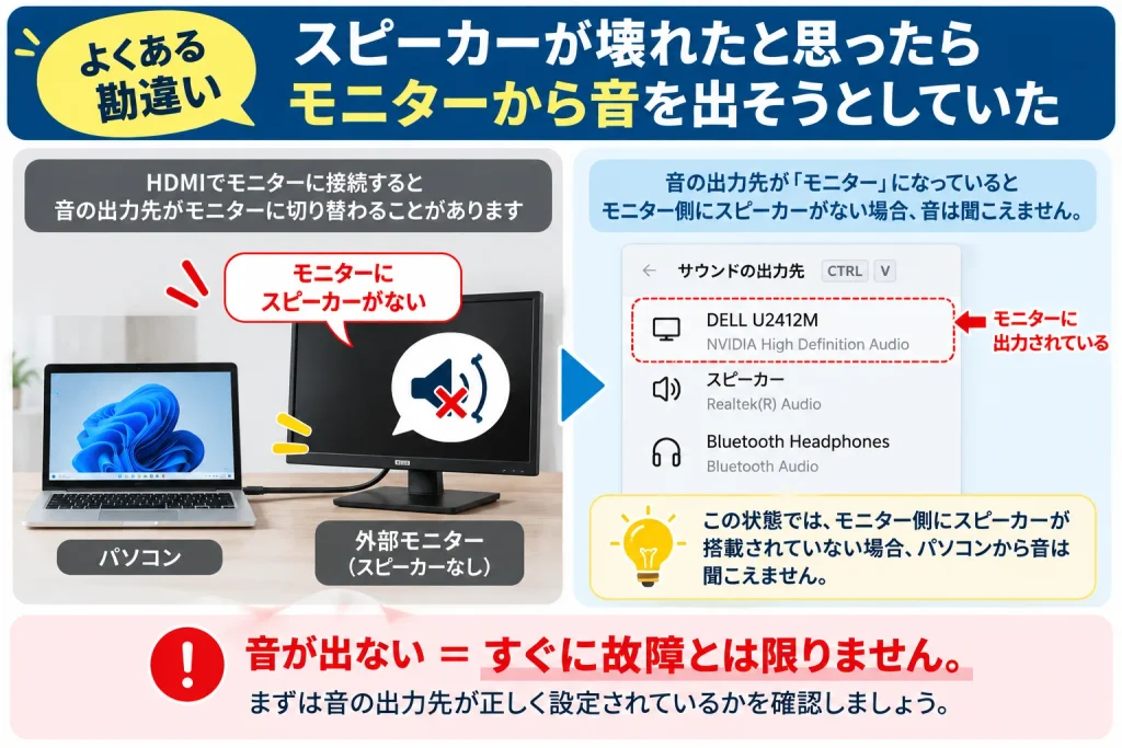 一般家庭でよくある勘違い「スピーカーが壊れたと思ったらモニターから音を出そうとしていた」