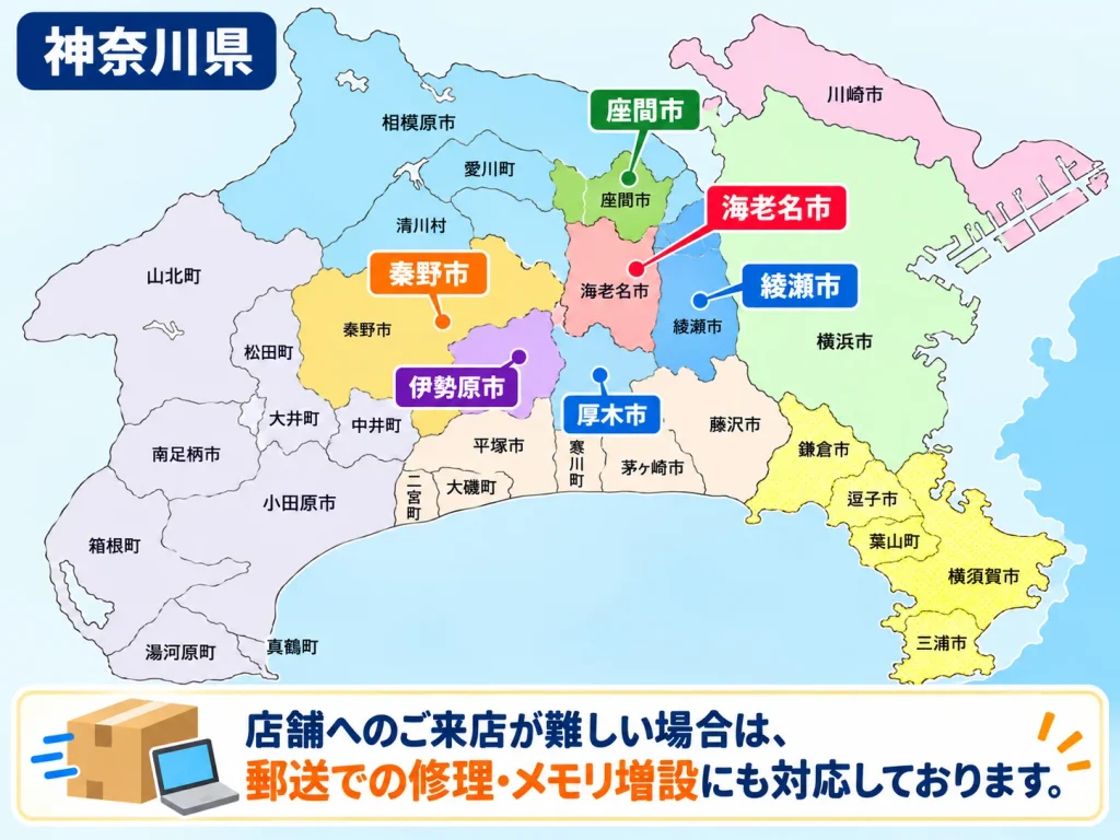 パソコン修理の窓口 厚木店には、厚木市のお客様はもちろん、海老名市・綾瀬市・伊勢原市・秦野市・座間市からも多くのお客様にご来店いただいています。

今回のお客様も店舗でのお受け取りをご希望されています。

作業完了後はお電話にてご連絡し、ご都合を確認したうえでお渡し日時を調整します。

また、店舗へのご来店が難しい場合は、郵送での修理・メモリ増設にも対応しております。