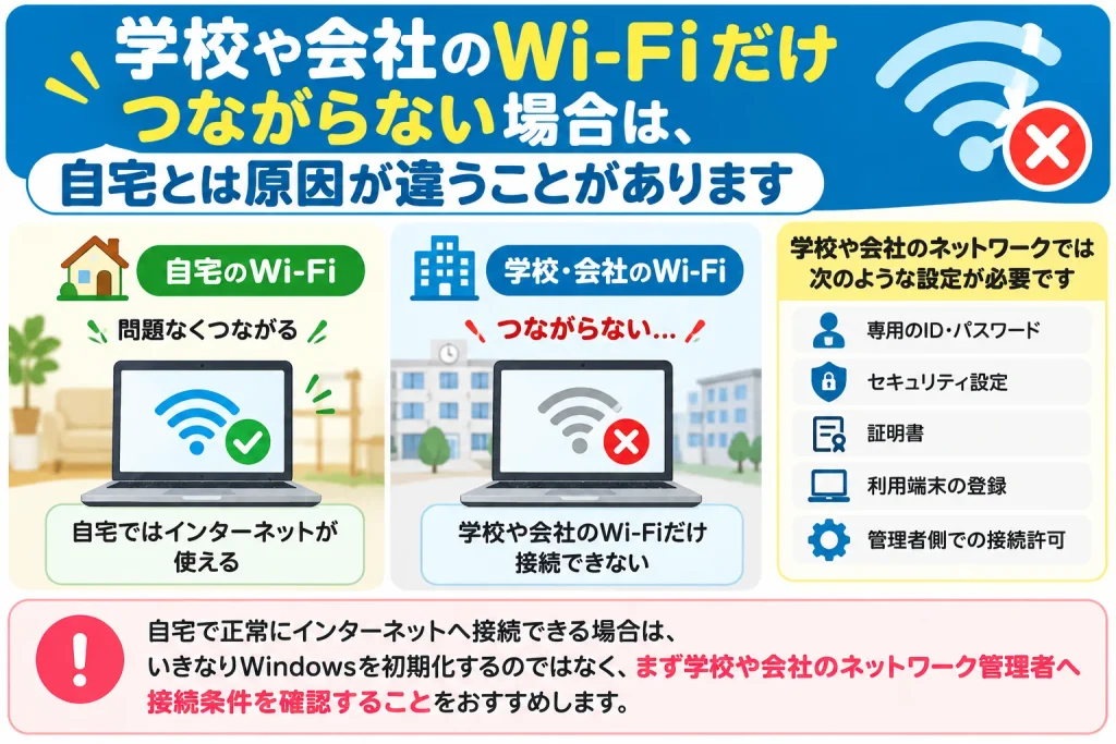 学校や会社のWi-Fiだけつながらない場合は、自宅とは原因が違うことがあります