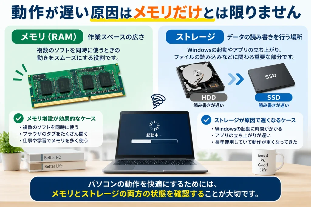 パソコンを速くする方法としてよく聞く「メモリ増設」と「SSD換装」ですが、それぞれ役割が異なります。