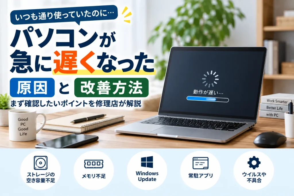 パソコンが急に遅くなった原因と改善方法|まず確認したいポイントを修理店が解説