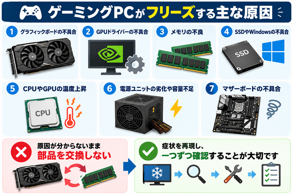 ゲーミングPCのフリーズでは、主に次のような原因が考えられます。

グラフィックボードの不具合

GPUドライバーの不具合

メモリの不良

SSDやWindowsの不具合

CPUやGPUの温度上昇

電源ユニットの劣化や容量不足

マザーボードの不具合