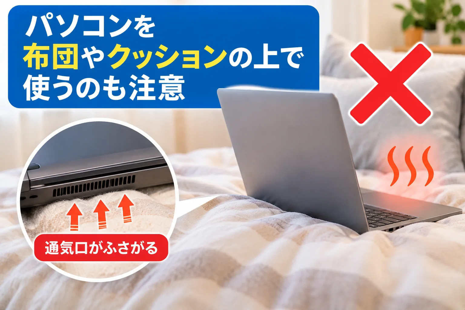 パソコンを布団やクッションのうえで使うことで排熱がうまくされない可能性があります