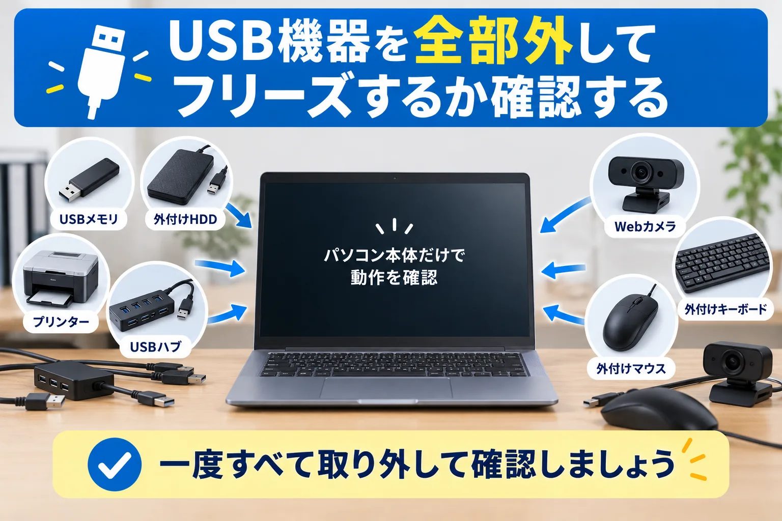 パソコンからすべての機器を外して問題の切り分けを行います
