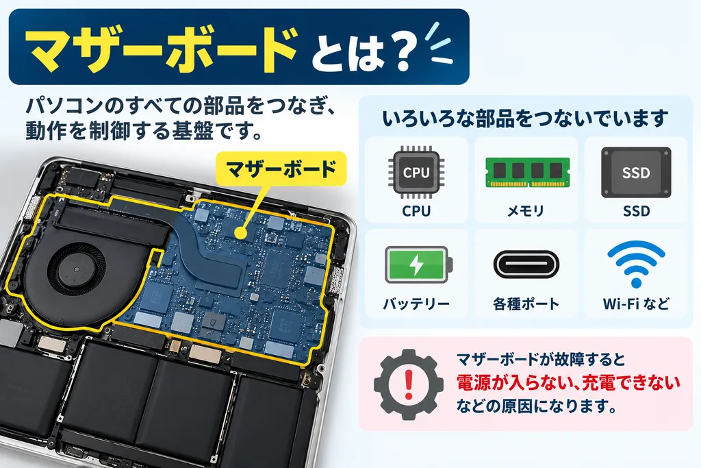 マザーボードは、CPUやメモリ、ストレージなど各部品をつなぐ、パソコンの中心となる基板です。