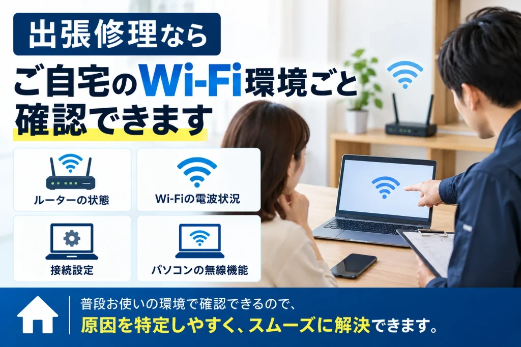 出張修理ならご自宅のWi-Fi環境ごと確認できます
Wi-Fiトラブルは、パソコン本体だけではなく、

ご自宅のルーター

Wi-Fiの電波状況

接続設定

パソコンの無線機能