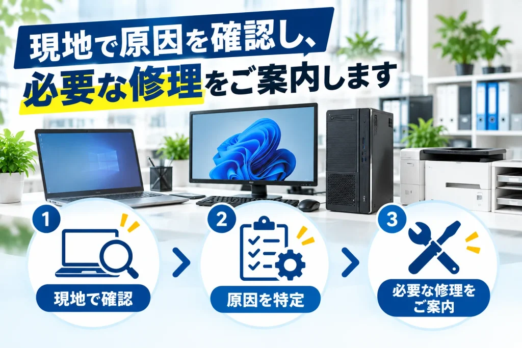 現地で原因を確認し、必要な修理をご案内します