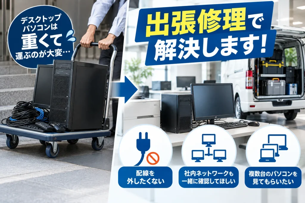 パソコンを持ち込めない場合は出張修理という方法があります

「配線を外したくない」
「社内ネットワークも一緒に確認してほしい」
「複数台のパソコンを見てもらいたい」

という場合には、出張修理が便利です。