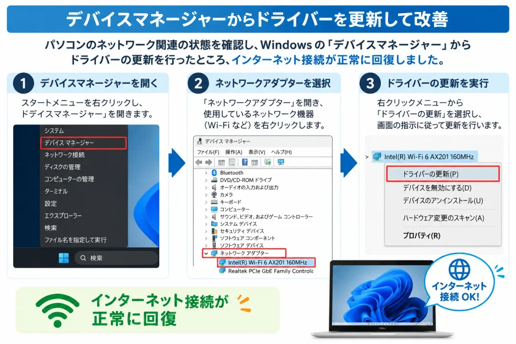 デバイスマネージャーからドライバーを更新して改善